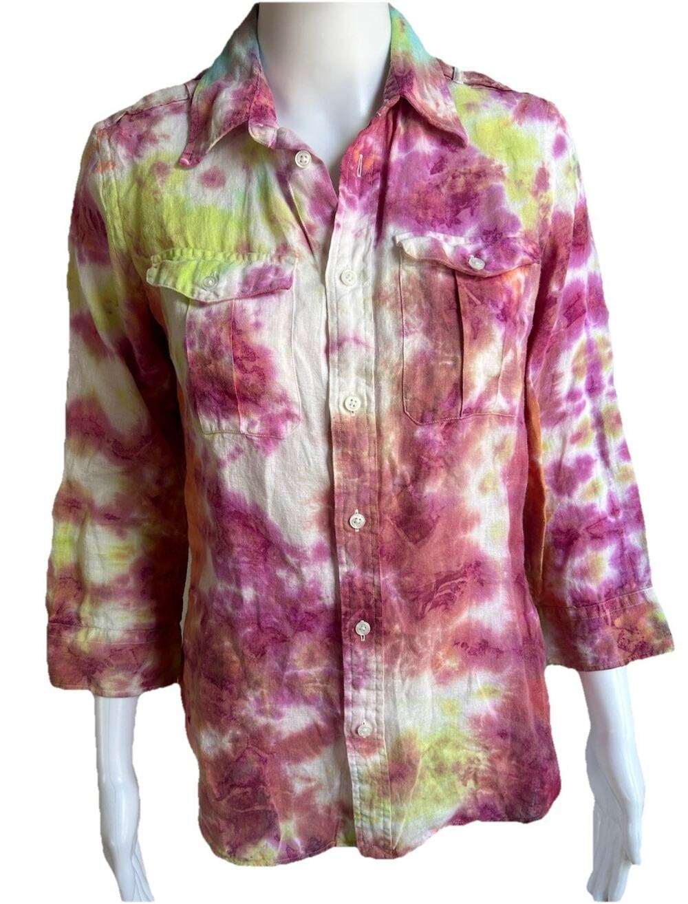 Ralph Lauren Linen Tie Dye Shirt Womens 4 Button Down Summer Coastal Sustainable